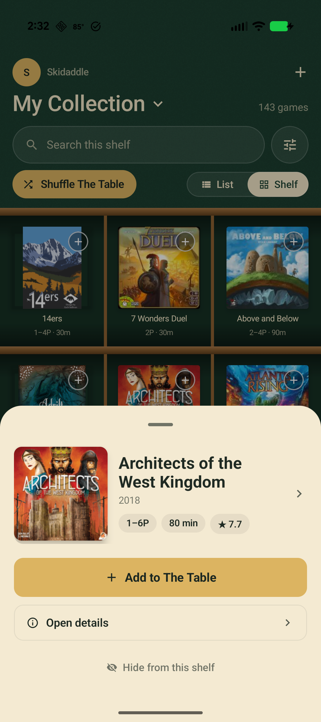 Browsing the shelf with a board game's quick-look sheet open in Shelf Control