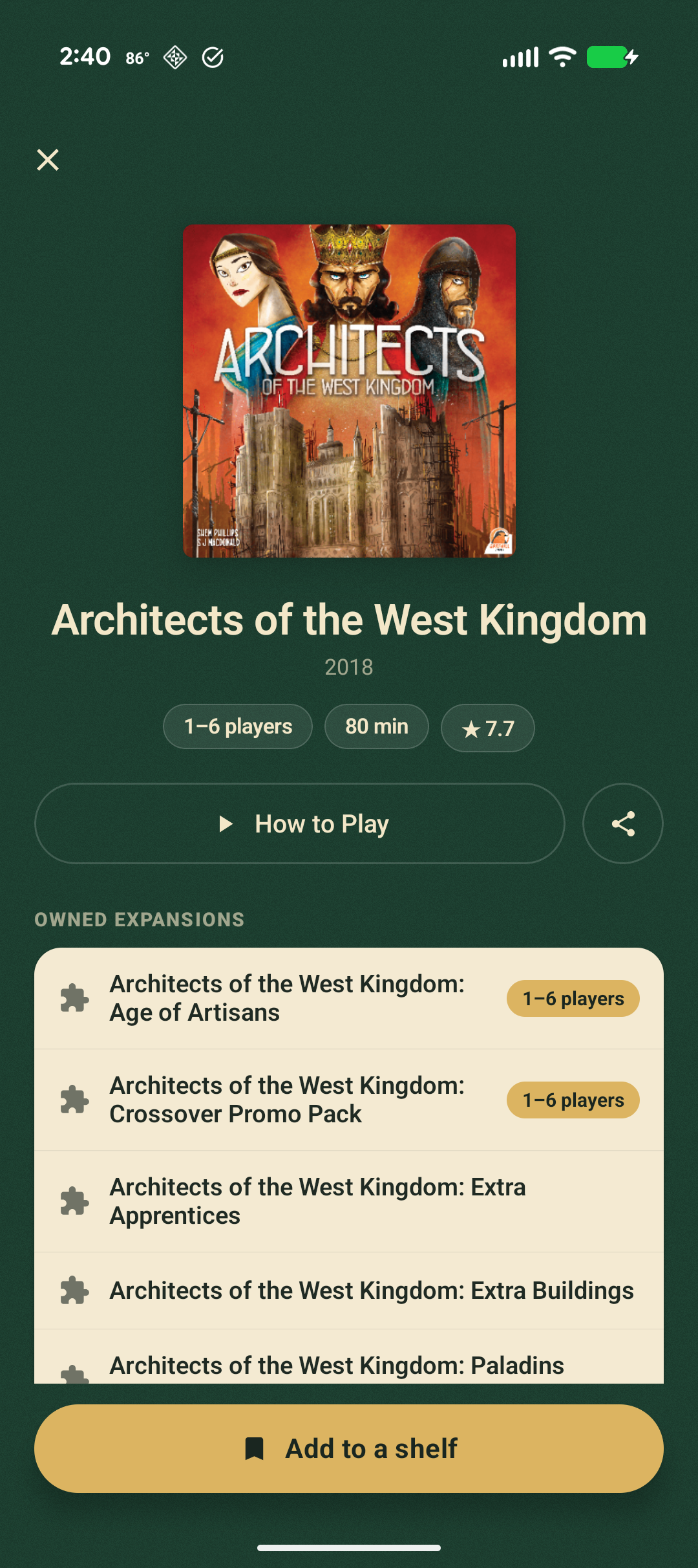 Architects of the West Kingdom detail screen with stats and owned expansions